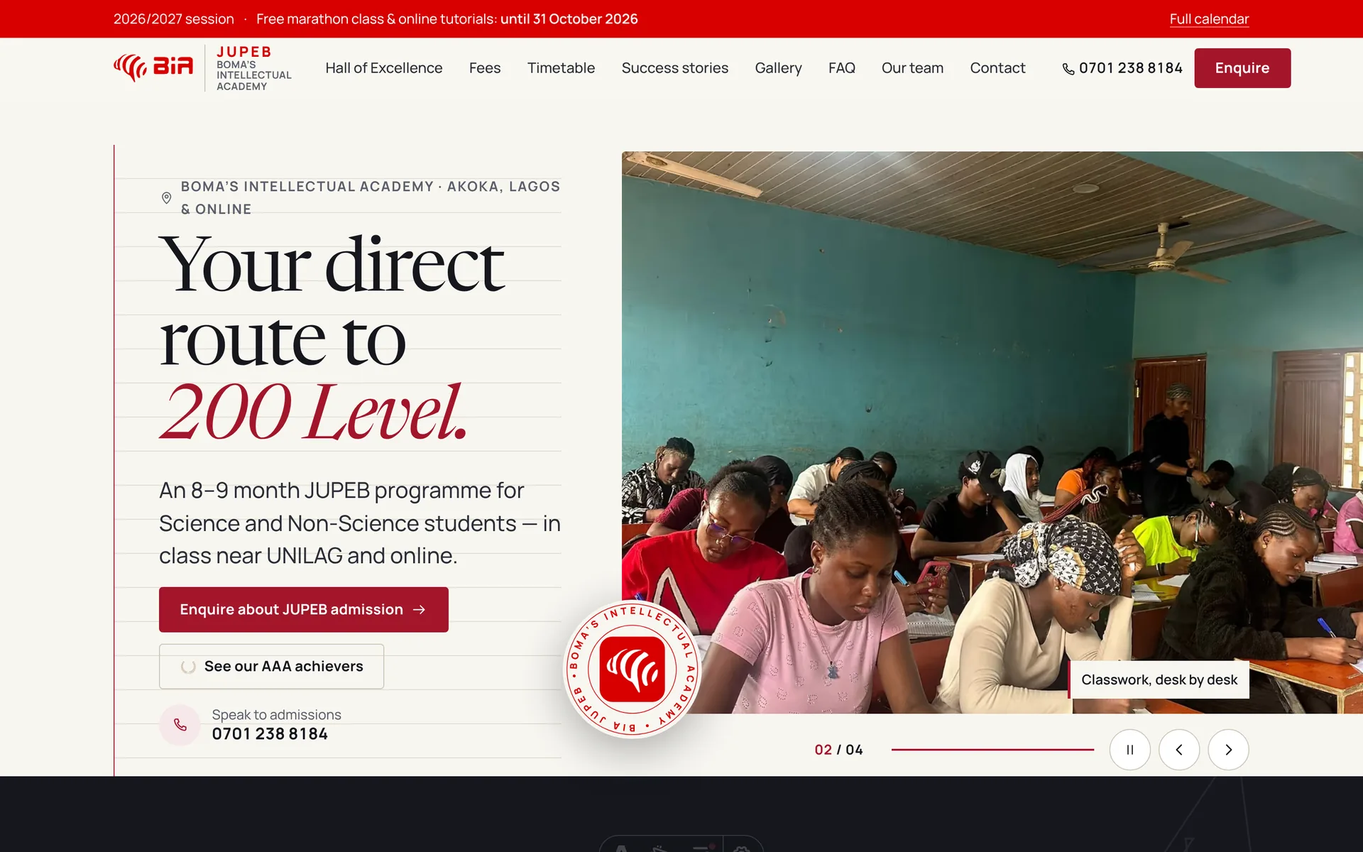 BIA JUPEB home page headline 'Your direct route to 200 Level' beside a classroom photo.